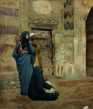 Árabe Painting - Una familia en la puerta cerca de la entrada Ludwig Deutsch Orientalismo Árabe